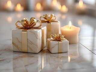 Elegant Christmas composition with marble-textured gift boxes gold bows and glowing candle against warm bokeh background