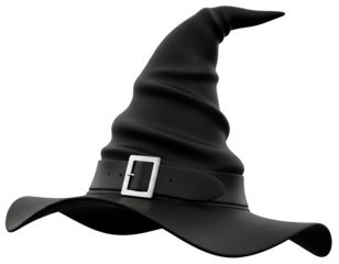 Halloween Witch wizard's hat in black with belt isolated on white background with clipping path for Autumn seasonal festive holiday fantasy evil sorcerer alchemist costume dress