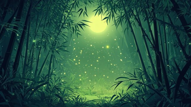 Mystical bamboo forest at night