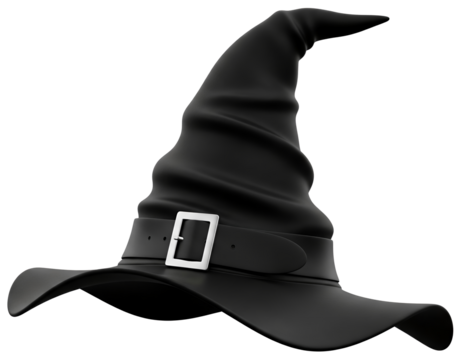 Halloween Witch wizard's hat in black with belt isolated on white background with clipping path for Autumn seasonal festive holiday fantasy evil sorcerer alchemist costume dress