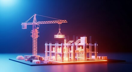 Obraz premium Futuristic construction site with crane and glowing building