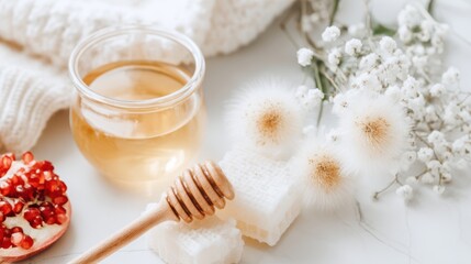 Natural beauty rituals honey and pomegranate skincare home spa relaxing atmosphere close-up view wellness concept