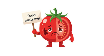 Obraz premium Sad half-rotten tomato character holding a protest sign against food waste. Conceptual illustration for zero waste and saving food campaigns