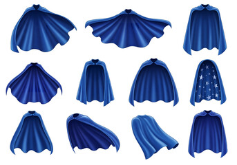 Cape set isolated on white background. 3d blue superhero cloaks. Vector silk flying super hero clothes, halloween children costume, satin theatre cloth or mantle