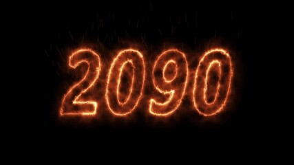 Burning effect glowing 2090 text animation on black background. abstract animated new year 2090 number with fire particles and glow effect. new years eve greeting card Happy New Year 2090 card.