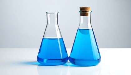 Two clear glass beakers, filled with vibrant cobalt blue liquid, stand on a white surface against a light gray background.