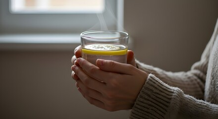 Hot lemon tea in glass cup with steam held by cozy hands