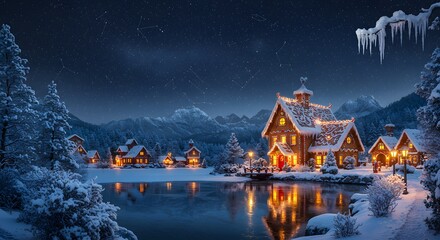 Obraz premium Enchanted Gingerbread Village at Night by Frozen Lake