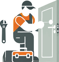 Repairman Fixing Door Lock Grey Orange Toolbox Wrench