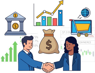 Business partnership agreement financial growth deal money bag handshake and market charts