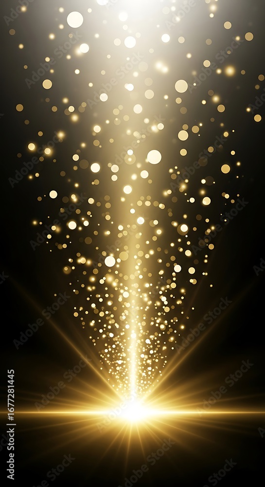 Poster golden particles erupting from a bright light source on a dark background