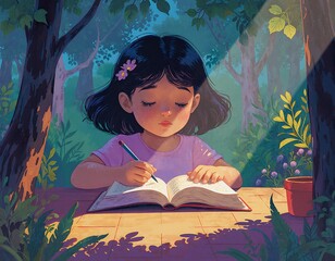 A young girl sits at a wooden table in a, forested setting, engrossed in writing in an open book 