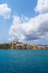 Beautiful Coastal View of a Historic Castle on a Cliff. Eivissa, Ibiza, Spain.