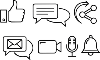 Modern social media icons set featuring like chat share email video microphone and bell symbols