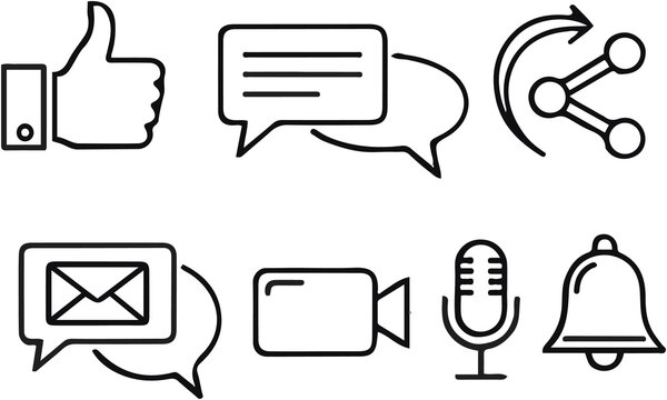 Modern social media icons set featuring like chat share email video microphone and bell symbols