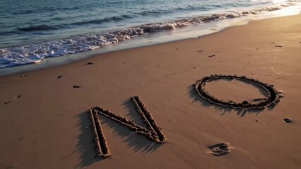 Interrogative term written upon golden granular shore material beside seaside coastline absence of emphatic phrase on oceanic beach sand scenic marine waters for leisurely strolling path