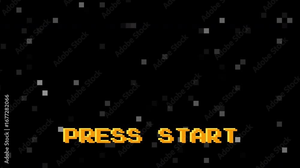 Poster arcade-style 8-bit press start pixel animation with zoom effect on black background, inspired by vin
