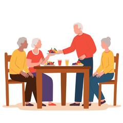 Fototapeta premium Elderly group sharing a meal. Seniors enjoying lunch together. Community dining among retirees. Warm gathering with old friends. Elderly set