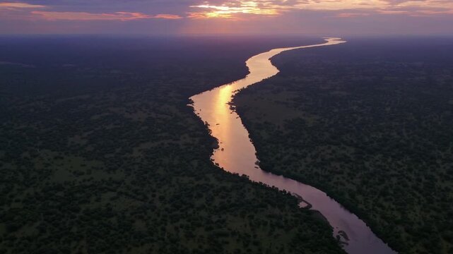 Overhead Perspective of Major Riverway at the Time of Sunset from Elevated Vantage Point