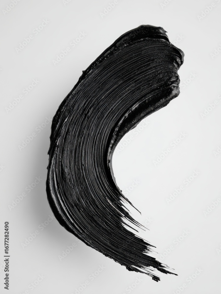 Poster a single bold black brushstroke with lifelike texture and sharp contours angled upwards on a pristin