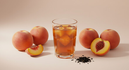 Refreshing glass of homemade peach iced tea with fresh ripe peaches