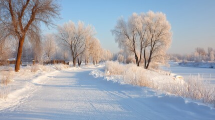 Obraz premium Tranquil winter scene snowy landscape nature photography frosty trees early morning light serene environment
