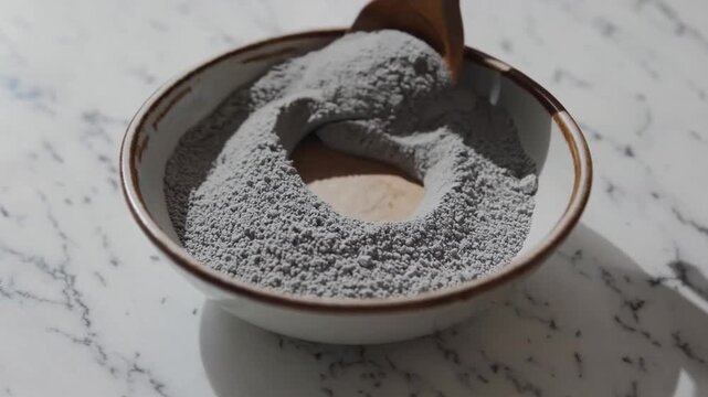 powdered substance of gray bentonite clay contained within bowl for the preparation of homemade cosmetic applications for skin and body care