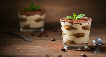 Delicious tiramisu dessert in glass cup with cocoa and mint