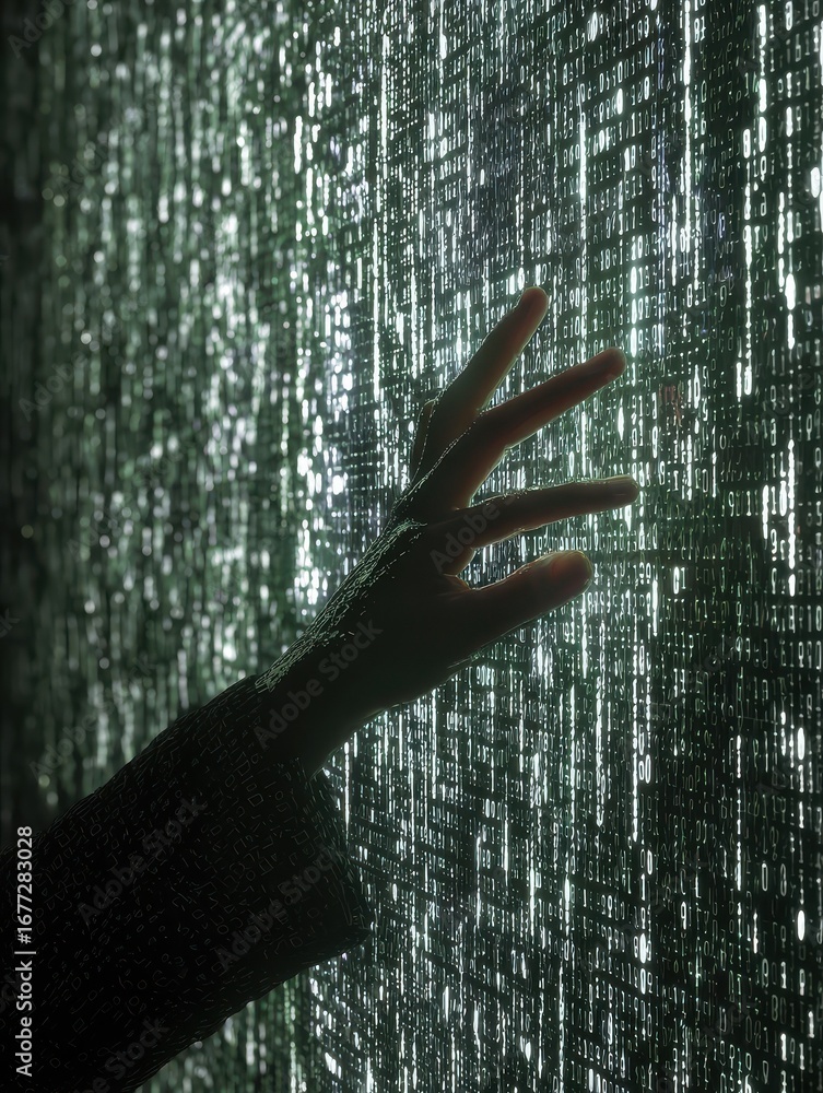 Poster human hand interacting with a wall of binary code symbolizing digital interaction and the interface 