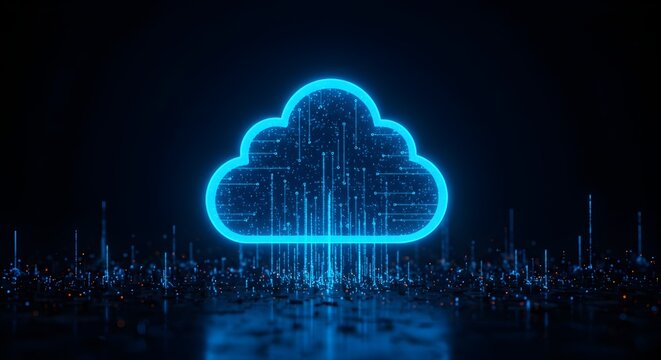 Futuristic glowing cloud computing symbol with digital data flow