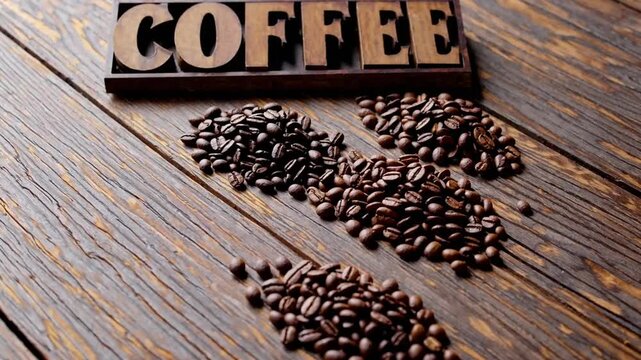 sampling assortment of coffee beans sourced from various global regions presented alongside the word coffee spelled out in vintage styled letterpress wooden type blocks