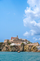 Historic Castle Overlooking Serene Waters on a Sunny Day. Eivissa, Ibiza, Spain.