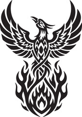 Fototapeta premium Mythical phoenix bird with spread wings rising from flames in a stylized tribal tattoo vector, symbolizing rebirth and new beginnings