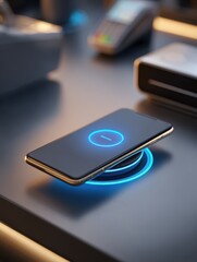 sleek smartphone enables nfc payment at modern pos terminal with a glowing icon in a minimalistic fintech environment