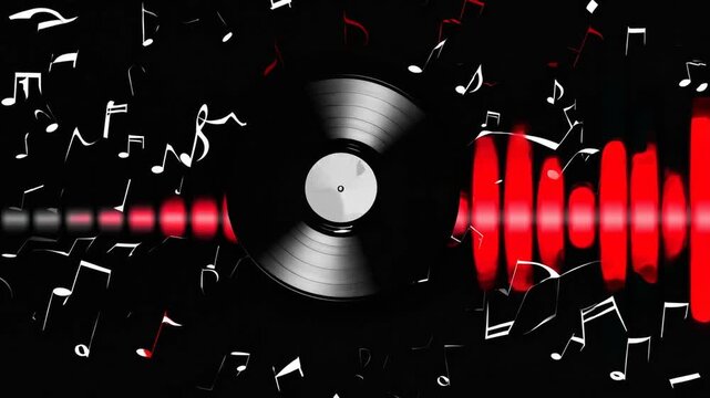 Blank Black LP Vinyl Record with Red Graphic Equalizer Bars and Flying Musical Notes