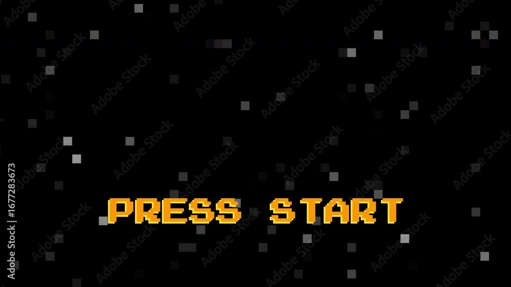 Poster retro video game press start pixel art animation in 8-bit style with dark background zoom effect. pr