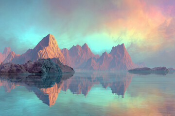 Surreal landscape with rocky mountains and calm water reflecting pink and blue sky at sunrise