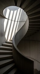Fototapeta premium Spiral staircase with dramatic architectural lighting, highlighting raw concrete curves.