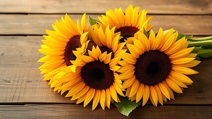 A vibrant sunflower bouquet arranged on a rustic wooden surface, bathed in warm golden natural light.