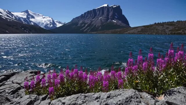 Scenic view of blue-hued lake with mountain vistas and fireweed flowers growing along rocky shoreline in northern region