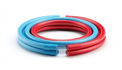 Two Flexible Hoses Red and Blue Coiled Together on White Background.