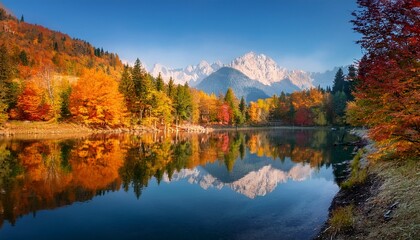 Fototapeta premium tranquil autumn landscape with colorful foliage reflecting in calm waters of serene mountain lake