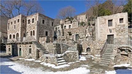 Exploring historic stone architecture mountain village photography winter landscape wide angle cultural heritage