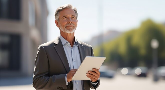 Successful Mature Businessman Holding Digital Tablet in a Modern City.
