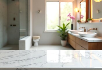 Empty marble table top on blurred minimalistic luxury bathroom at apartment, white day light, clean cozy colors. Place for product display, showing products, side view