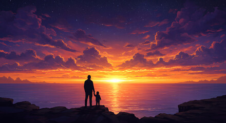 Silhouetted figures against a vividly colored sunset ocean backdrop, evoking a sense of wonder and togetherness