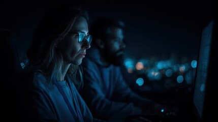 Late night coding session urban office digital work cityscape focused perspective tech innovation