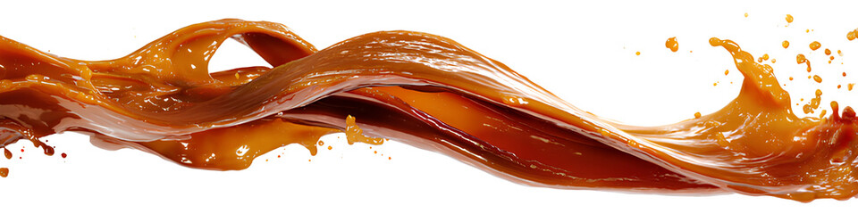  Wide Flowing Caramel Sauce Wave Splash with Glossy Texture, Side Perspective, Isolated on Transparent Background.png