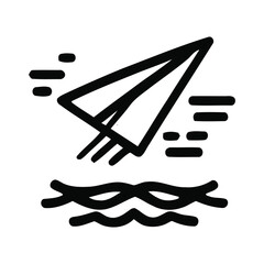 A simple black and white drawing of a paper airplane flying over water with clouds in the sky above it