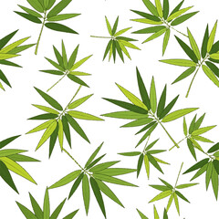 Obraz premium Seamless pattern of vibrant green bamboo leaves scattered across a clean white background, evoking a sense of natural tranquility and botanical elegance for various design applications